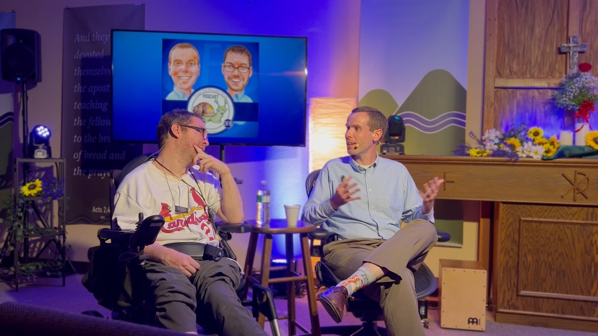 Jason with Pastor Tim recording the <em>Zippy the Wonder Snail</em> podcast, "two Christian guys commenting on news, culture and the things that matter to you."